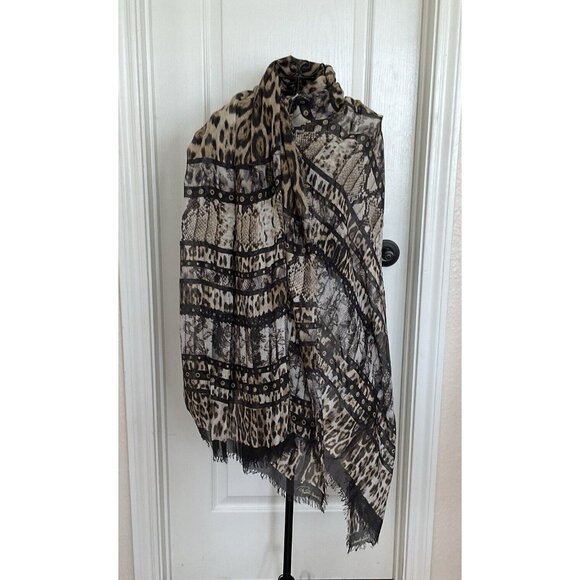 Roberto Cavalli Large 68” Scarf Shawl Animal Leopard Print 100% Silk Black Brown